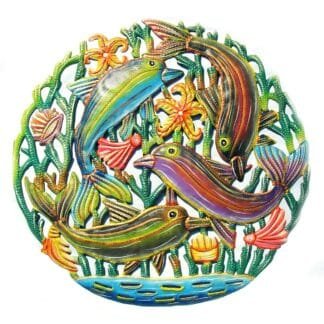 Coastal Playful Dolphins Haitian Metal Drum Wall Art