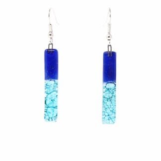 Long Rectangle Glass Dangle Earrings, Blue Bubbles - Tili Glass