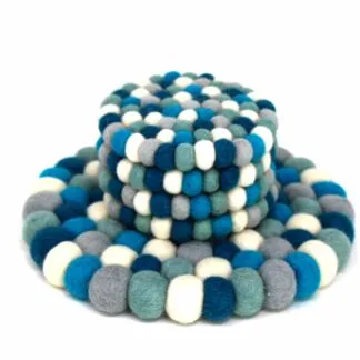 Ice Blue Felt Ball Trivet & 4-piece Coaster Set