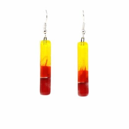 Long Rectangle Glass Dangle Earrings, Fire Red & Yellow - Tili Glass