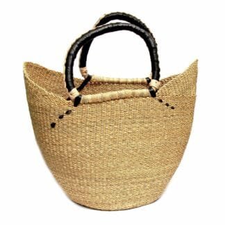 Bolga Tote, Natural with Black Accent and Leather Handle - 18-inch
