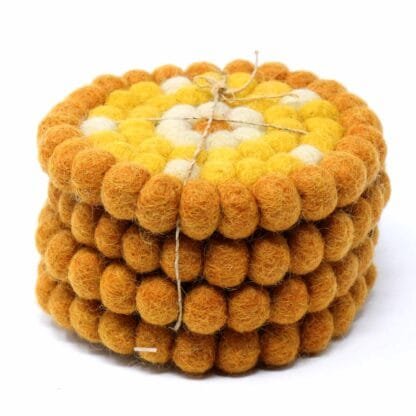 Hand Crafted Felt Ball Coasters from Nepal: 4-pack, Flower Golds - Global Groove (T)