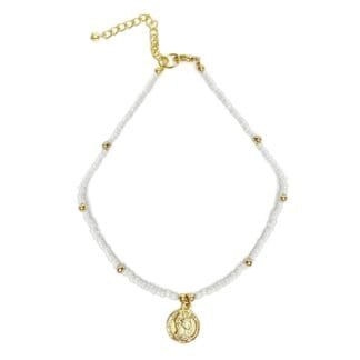 White Glass Bead Choker with Brass Coin Pendant
