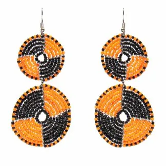 Maasai Bead Double Circle Dangle Earrings, Mango Orange and Black