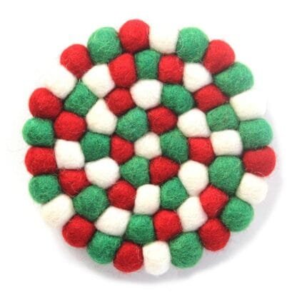 Hand Crafted Felt Ball Coasters from Nepal: 4-pack, White Christmas Multicolor - Global Groove (T)