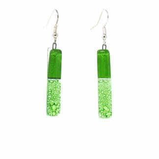 Long Rectangle Glass Dangle Earrings, Green Bubbles - Tili Glass