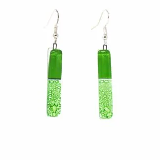 Long Rectangle Glass Dangle Earrings, Green Bubbles - Tili Glass