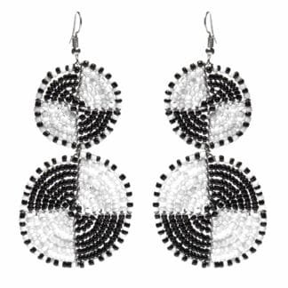 Maasai Bead Double Circle Dangle Earrings, White and Black