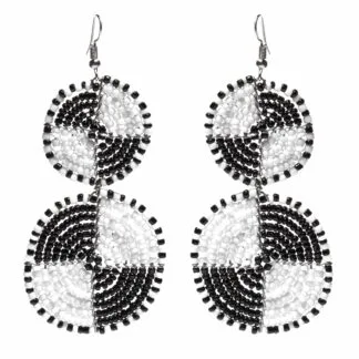 Maasai Bead Double Circle Dangle Earrings, White and Black