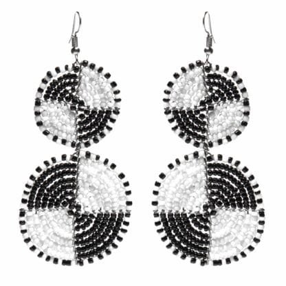 Maasai Bead Double Circle Dangle Earrings, White and Black