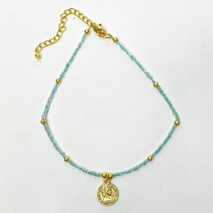 Baby blue Glass Bead Choker with Brass Coin Pendant - Image 4