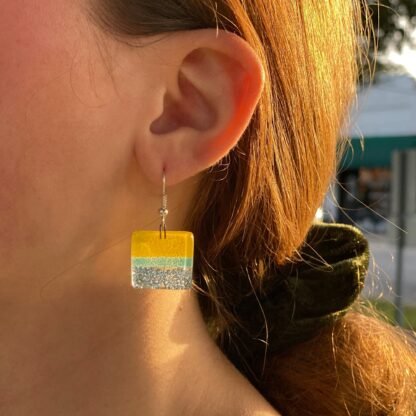 Square Glass Dangle Earrings, Yellow & Blue - Tili Glass - Image 2