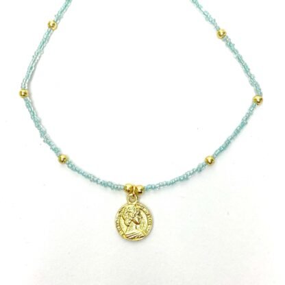 Baby blue Glass Bead Choker with Brass Coin Pendant - Image 2