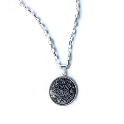 Alpaca Silver Aztec Calendar Pendant with Chain - Image 6