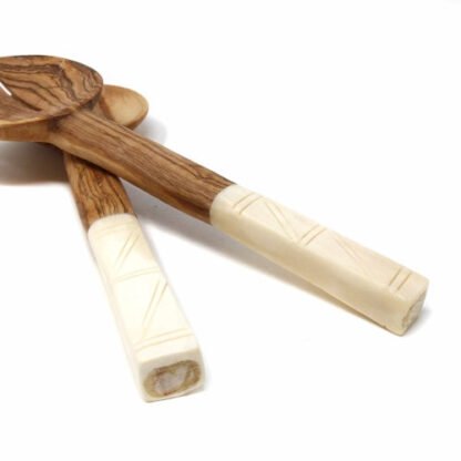 Olive Wood Salad Servers with Bone Handles, White with Square Design - Image 4