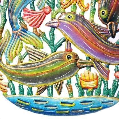 Coastal Playful Dolphins Haitian Metal Drum Wall Art - Image 3