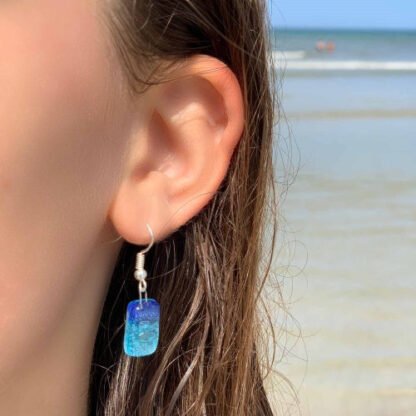 Small Rectangular Glass Earrings - Blue Bubbles - Tili Glass - Image 3