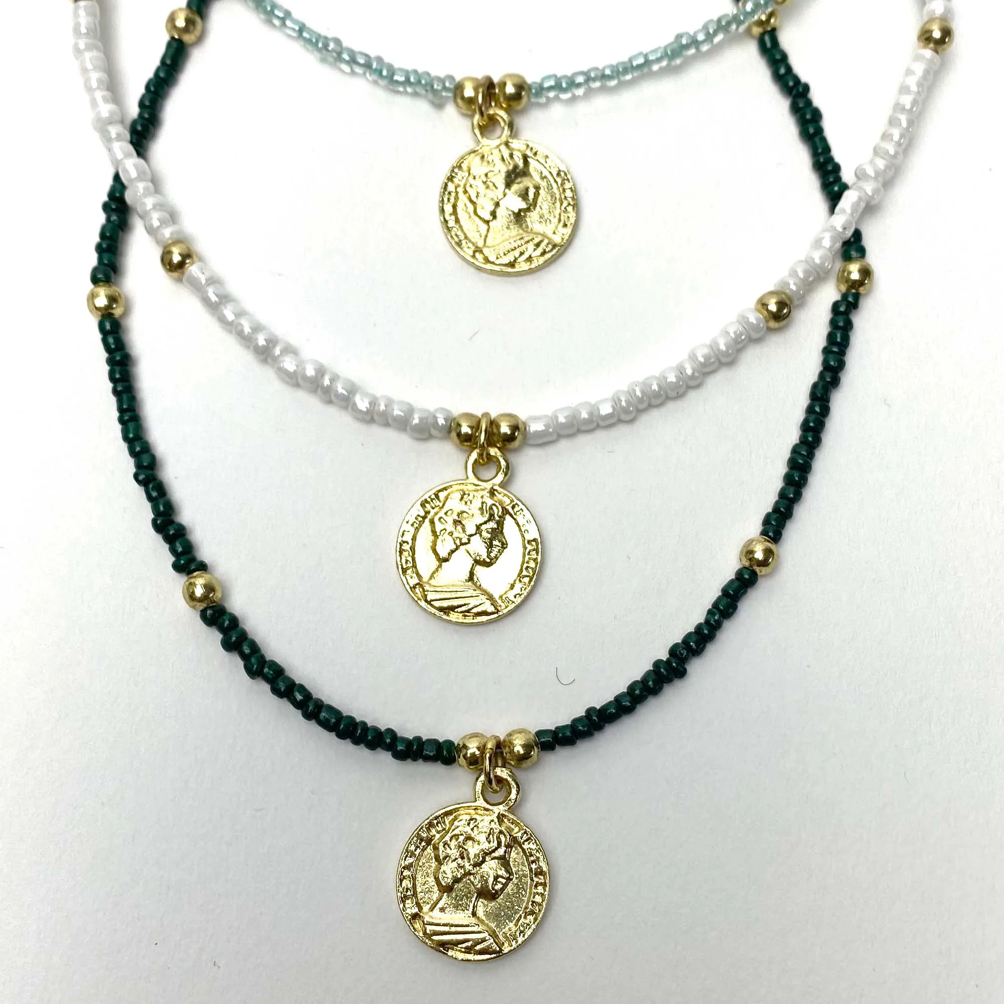Baby blue Glass Bead Choker with Brass Coin Pendant - Image 5