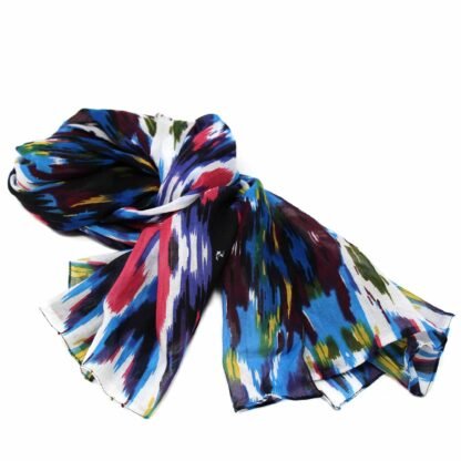 Hand-printed Cotton Scarf, Ikat Multicolr Design - Image 2