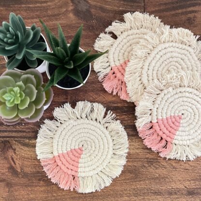 Macrame Coasters in Blush with fringe, Set of 4 - Image 4