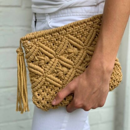 Macrame Clutch with Tassel, Tan - Image 7