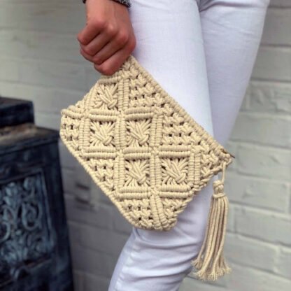 Macrame Clutch with Tassel, Cream - Image 6