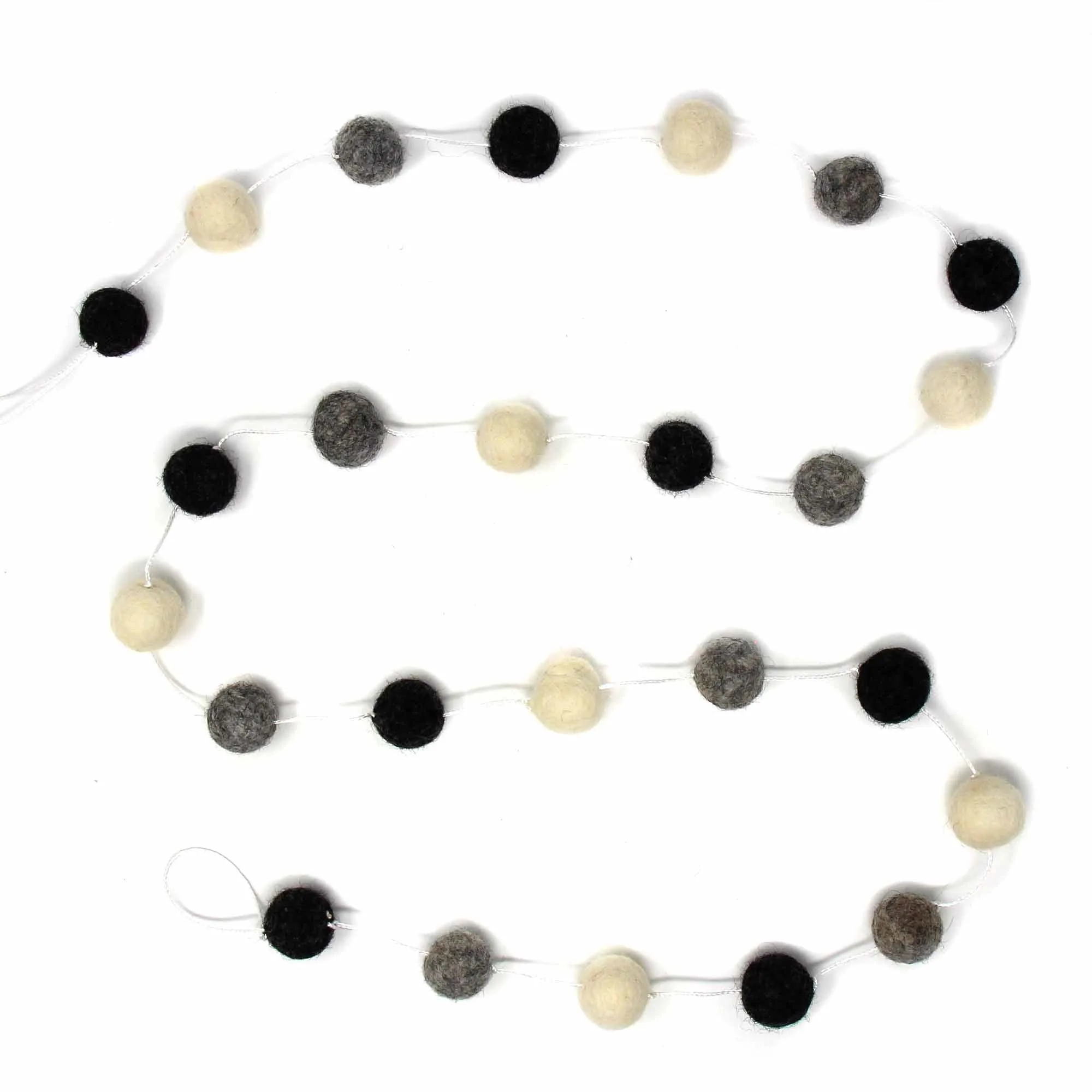 Hand Crafted Felt from Nepal: Pom Pom Garlands, White/Black/Gray - Image 2