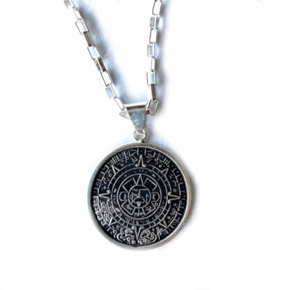 Alpaca Silver Aztec Calendar Pendant with Chain - Image 7