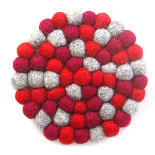 Hand Crafted Felt Ball Trivets from Nepal: Round Chakra, Reds - Global Groove (T) - Image 2