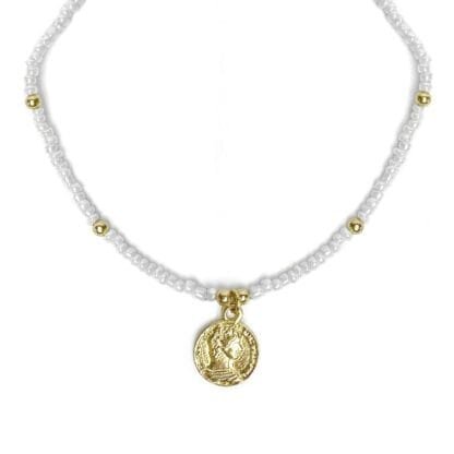 White Glass Bead Choker with Brass Coin Pendant - Image 3