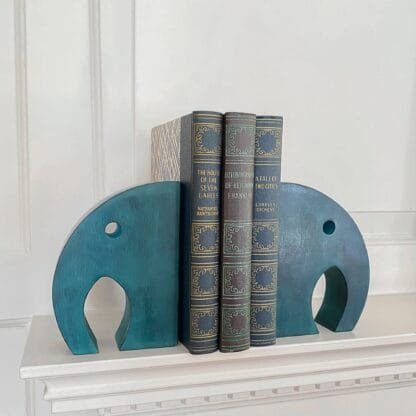 Teal Elephant Book Ends, Carved Gorara Soapstone - Image 4