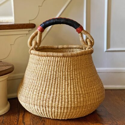 Bolga Pot Basket - Natural with Leather Handle - Image 10