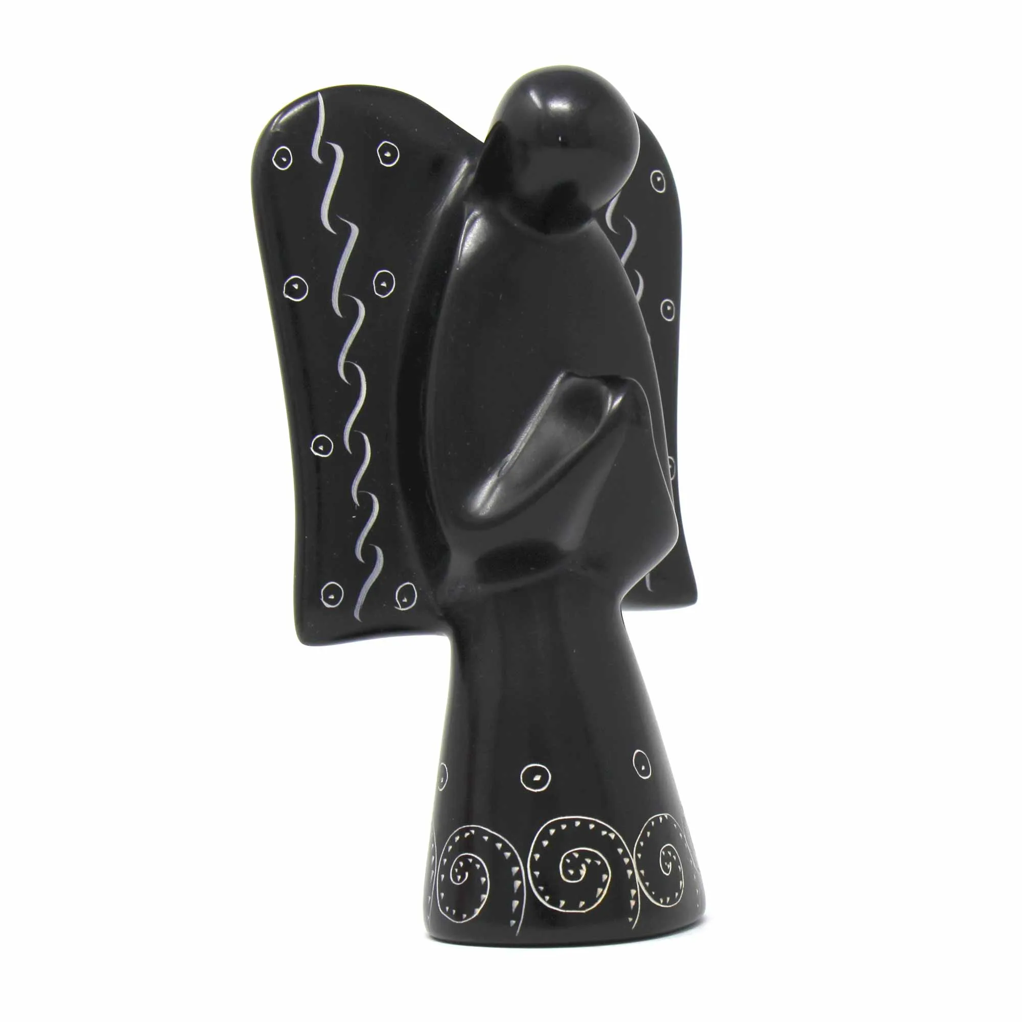 Soapstone Angel Sculpture - Black Finish with Etch Design - Image 10