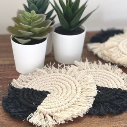 Macrame Coasters in Charcoal with fringe, Set of 4 - Image 6