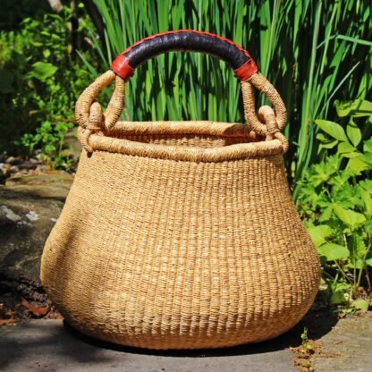 Bolga Pot Basket - Natural with Leather Handle - Image 6