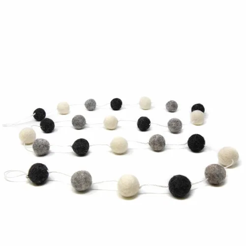Hand Crafted Felt from Nepal: Pom Pom Garlands, White/Black/Gray - Image 3