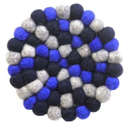 Hand Crafted Felt Ball Trivets from Nepal: Round, Dark Blues - Global Groove (T) - Image 2