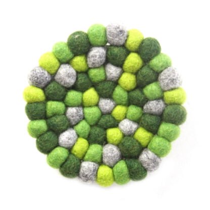 Hand Crafted Felt Ball Trivets from Nepal: Round Chakra, Greens - Global Groove (T) - Image 2