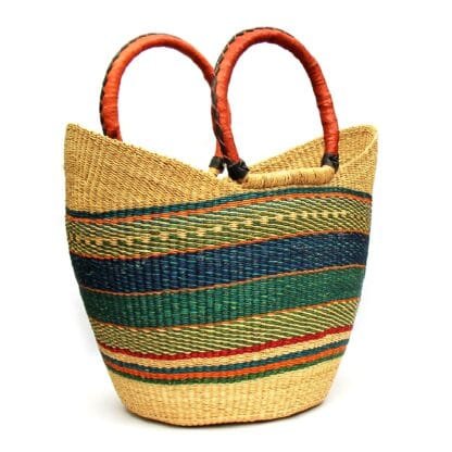 Bolga Tote, Mixed Colors with Leather Handle - 18-inch - Image 8
