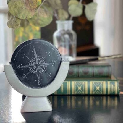 Compass Soapstone Sculpture, Dark Gray Stone - Image 7