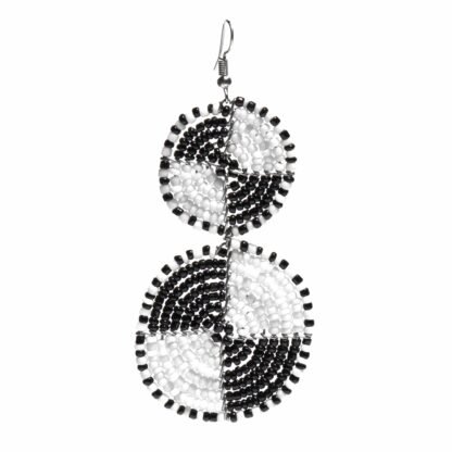 Maasai Bead Double Circle Dangle Earrings, White and Black - Image 3