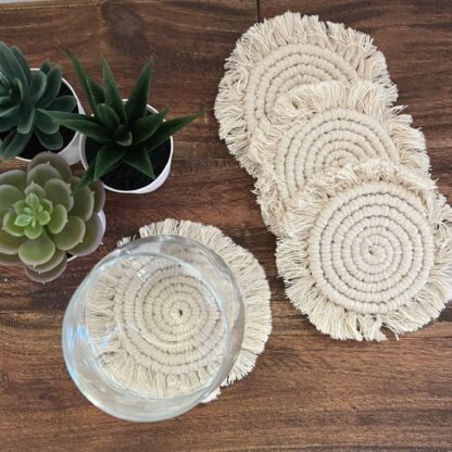 Macrame Coasters in Natural with fringe, Set of 4 - Image 5