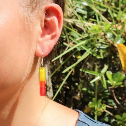 Long Rectangle Glass Dangle Earrings, Fire Red & Yellow - Tili Glass - Image 2