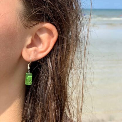 Small Rectangular Glass Earrings - Green Bubbles - Tili Glass - Image 3