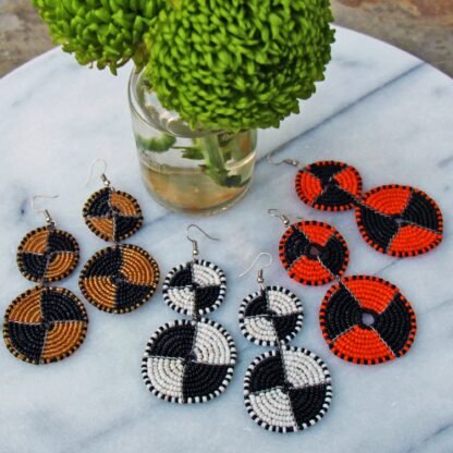 Maasai Bead Double Circle Dangle Earrings, Mango Orange and Black - Image 2