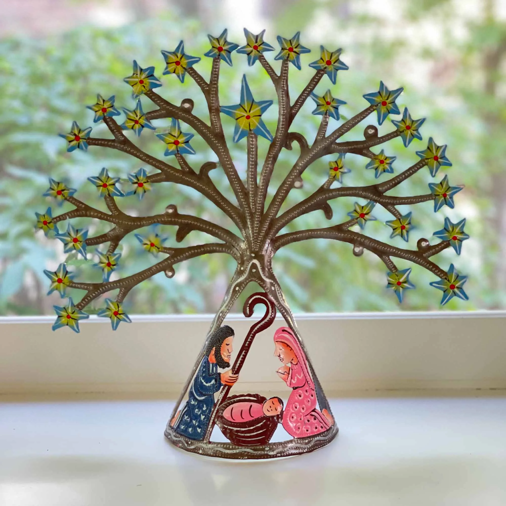 Haitian Metal Drum Tabletop Nativity with Shooting Blue Stars - Image 4