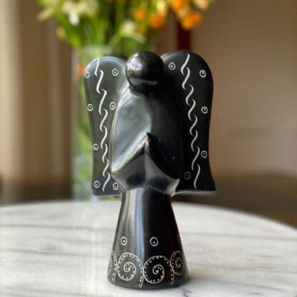 Soapstone Angel Sculpture - Black Finish with Etch Design - Image 6