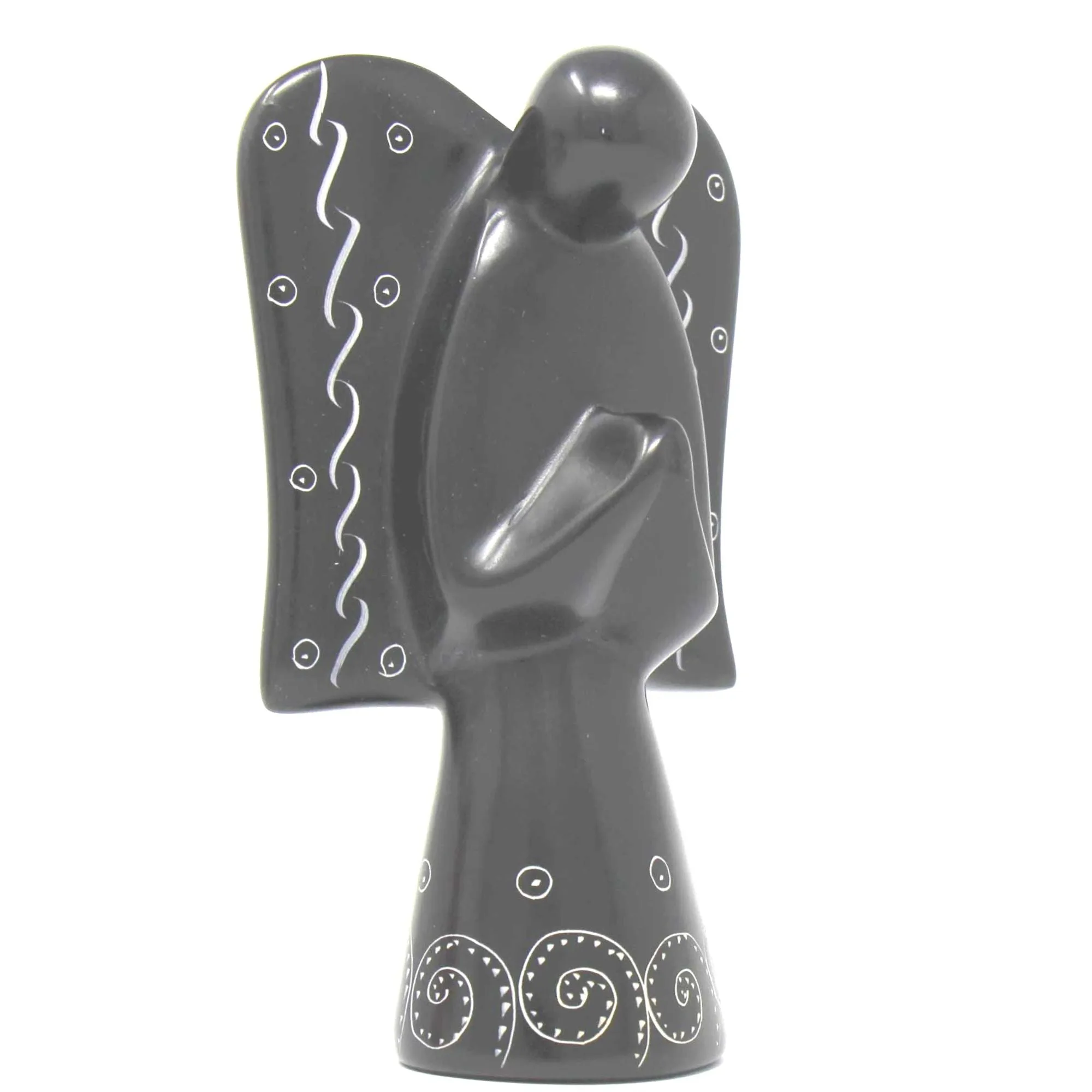 Soapstone Angel Sculpture - Black Finish with Etch Design - Image 11