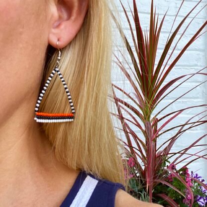 Maasai Bead Triangle Dangle Earrings, Black/White/Orange - Image 4