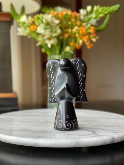 Soapstone Angel Sculpture - Black Finish with Etch Design - Image 9